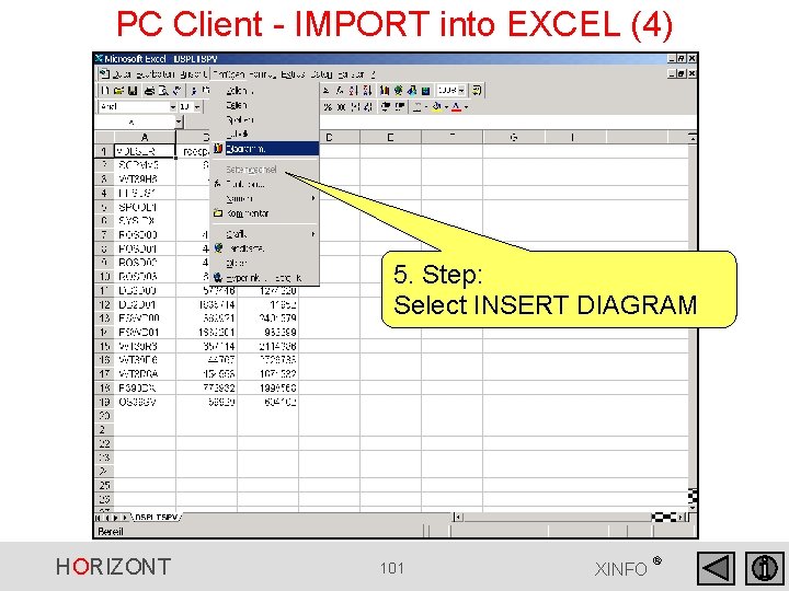 PC Client - IMPORT into EXCEL (4) 5. Step: Select INSERT DIAGRAM HORIZONT 101 PC Client - IMPORT into EXCEL (4) 5. Step: Select INSERT DIAGRAM HORIZONT 101