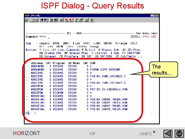ISPF Dialog - Query Results The results. . . HORIZONT 129 XINFO ® ISPF Dialog - Query Results The results. . . HORIZONT 129 XINFO ®