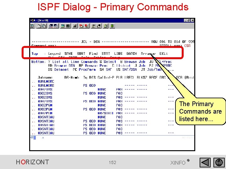 ISPF Dialog - Primary Commands The Primary Commands are listed here. . . HORIZONT ISPF Dialog - Primary Commands The Primary Commands are listed here. . . HORIZONT