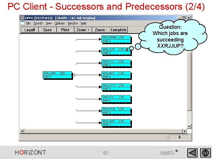 PC Client - Successors and Predecessors (2/4) Question: Which jobs are succeeding XXRJJUP? HORIZONT PC Client - Successors and Predecessors (2/4) Question: Which jobs are succeeding XXRJJUP? HORIZONT