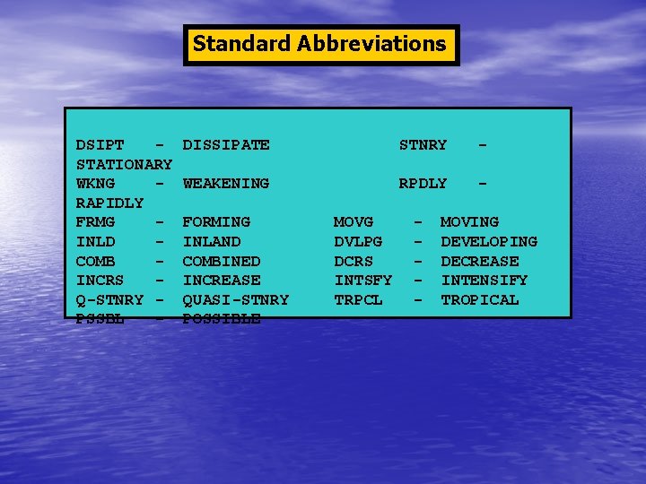 Standard Abbreviations DSIPT STATIONARY WKNG RAPIDLY FRMG INLD COMB INCRS Q-STNRY PSSBL - DISSIPATE
