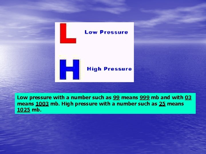 Low pressure with a number such as 99 means 999 mb and with 03