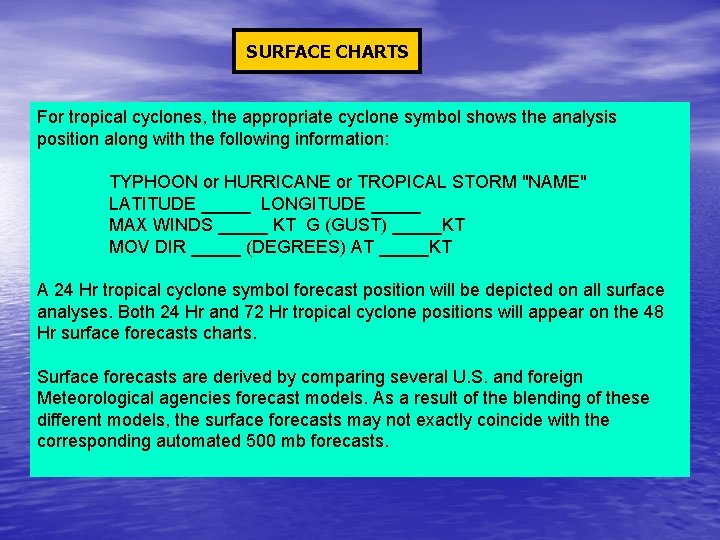 SURFACE CHARTS For tropical cyclones, the appropriate cyclone symbol shows the analysis position along