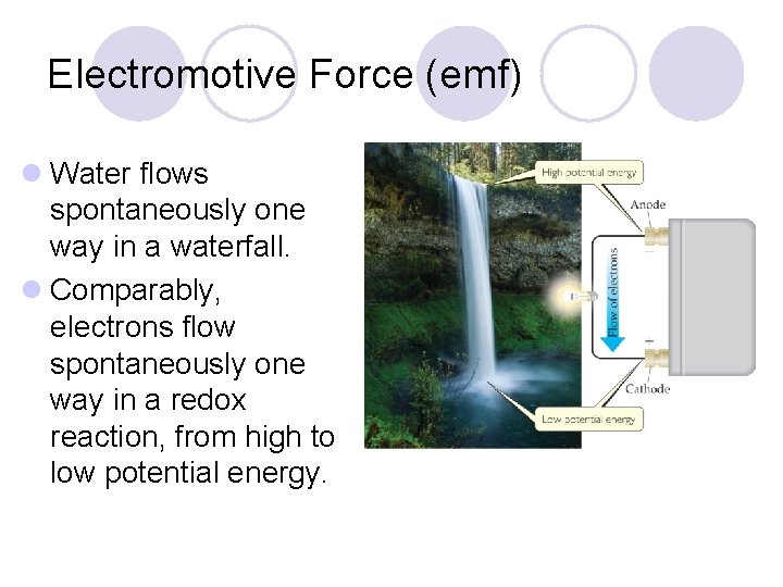 Electromotive Force (emf) l Water flows spontaneously one way in a waterfall. l Comparably,