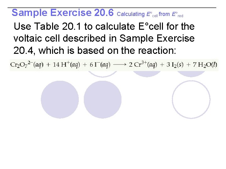 Sample Exercise 20. 6 Calculating E° from E° Use Table 20. 1 to calculate