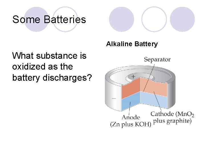 Some Batteries Alkaline Battery What substance is oxidized as the battery discharges? 