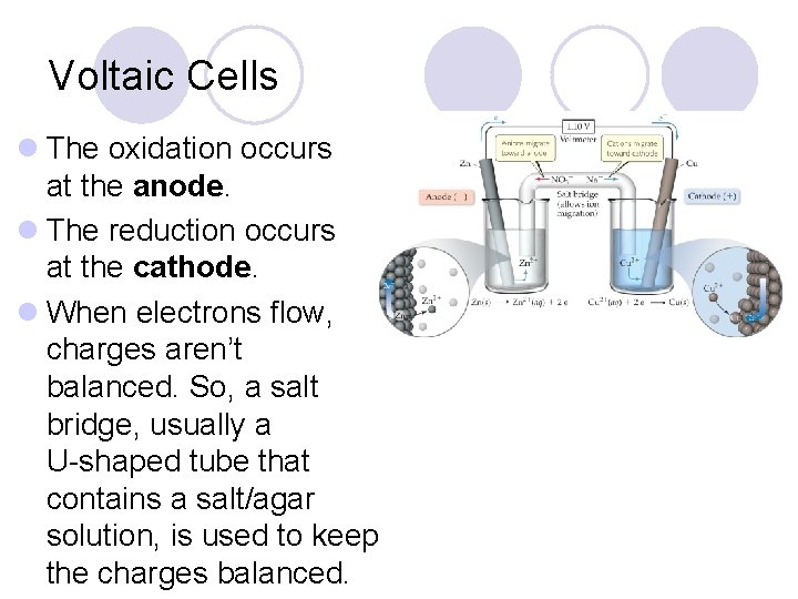 Voltaic Cells l The oxidation occurs at the anode. l The reduction occurs at