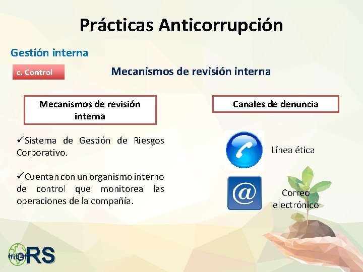 Prácticas Anticorrupción Gestión interna c. Control Mecanismos de revisión interna Canales de denuncia üSistema