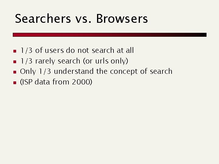 Searchers vs. Browsers n n 1/3 of users do not search at all 1/3