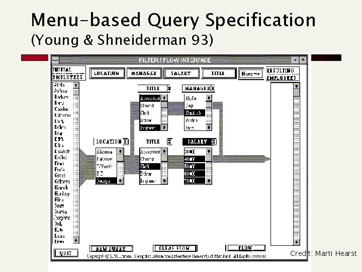 Menu-based Query Specification (Young & Shneiderman 93) Credit: Marti Hearst 