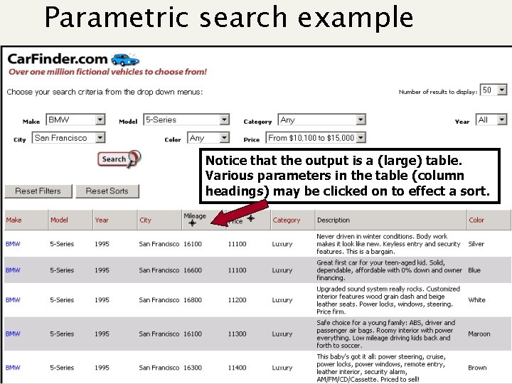 Parametric search example Notice that the output is a (large) table. Various parameters in