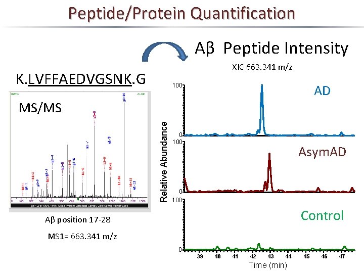 Peptide/Protein Quantification Aβ Peptide Intensity XIC 663. 341 m/z K. LVFFAEDVGSNK. G AD 100