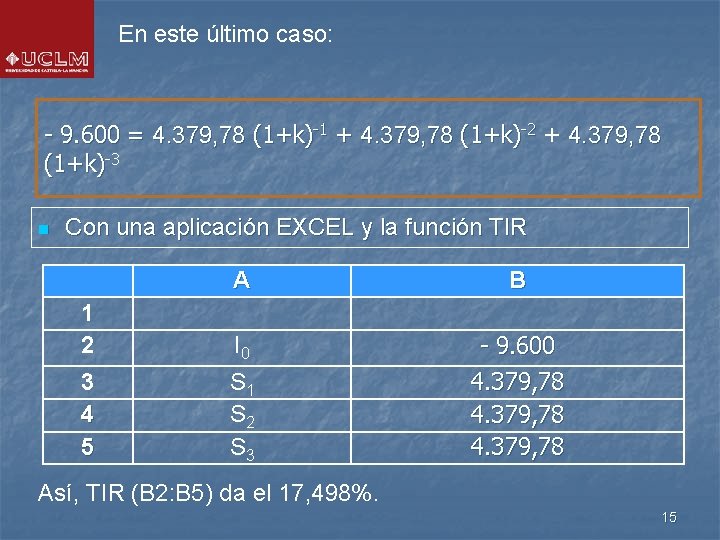 En este último caso: - 9. 600 = 4. 379, 78 (1+k)-1 + 4. En este último caso: - 9. 600 = 4. 379, 78 (1+k)-1 + 4.