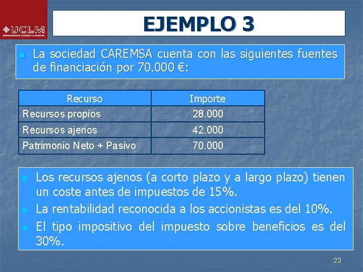 EJEMPLO 3 n La sociedad CAREMSA cuenta con las siguientes fuentes de financiación por EJEMPLO 3 n La sociedad CAREMSA cuenta con las siguientes fuentes de financiación por