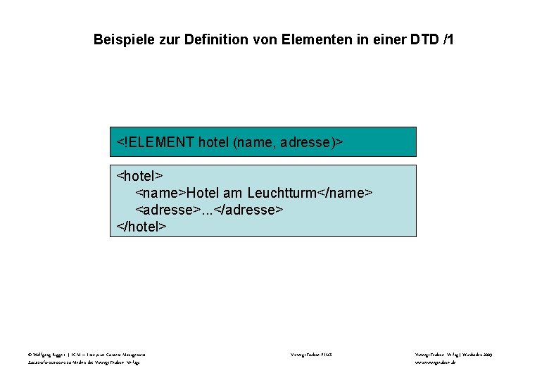 Beispiele zur Definition von Elementen in einer DTD /1 <!ELEMENT hotel (name, adresse)> <hotel>