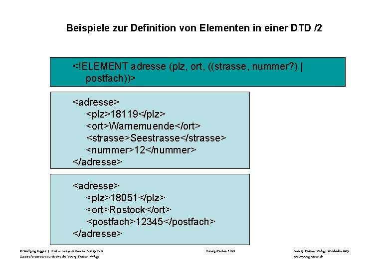 Beispiele zur Definition von Elementen in einer DTD /2 <!ELEMENT adresse (plz, ort, ((strasse,