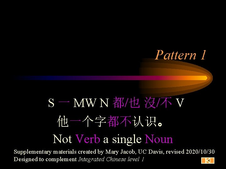 Pattern 1 S 一 MW N 都/也 沒/不 V 他一个字都不认识。 Not Verb a single