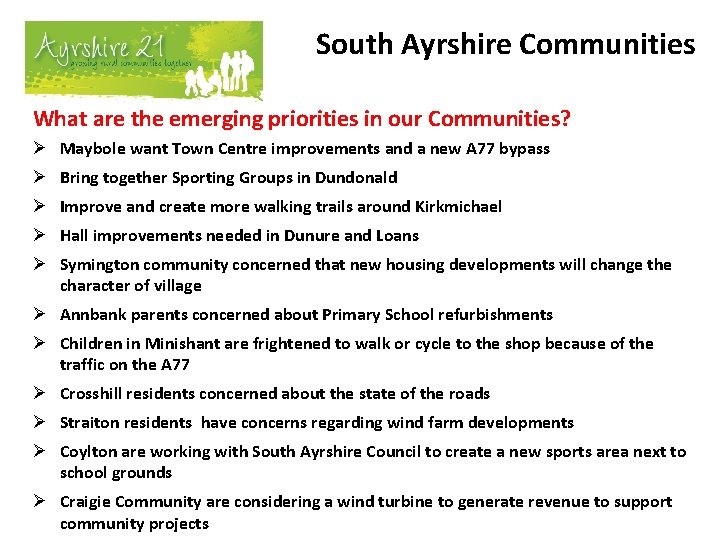South Ayrshire Communities What are the emerging priorities in our Communities? Ø Maybole want