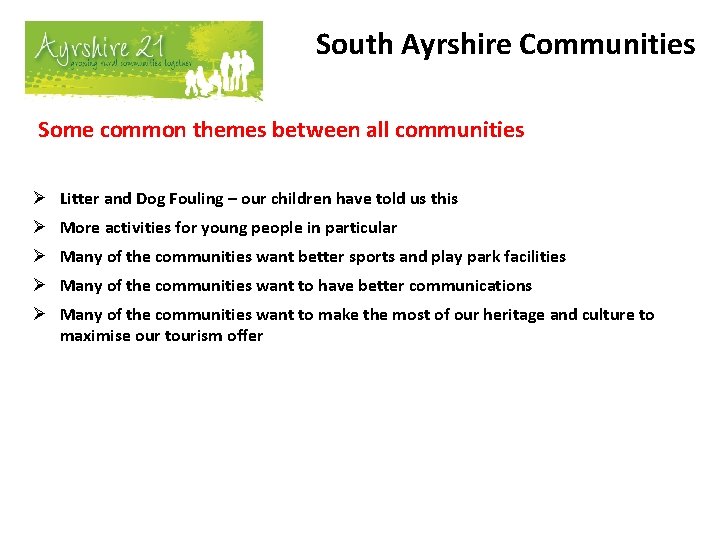 South Ayrshire Communities Some common themes between all communities Ø Litter and Dog Fouling