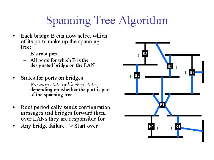 Spanning Tree Algorithm • Each bridge B can now select which of its ports