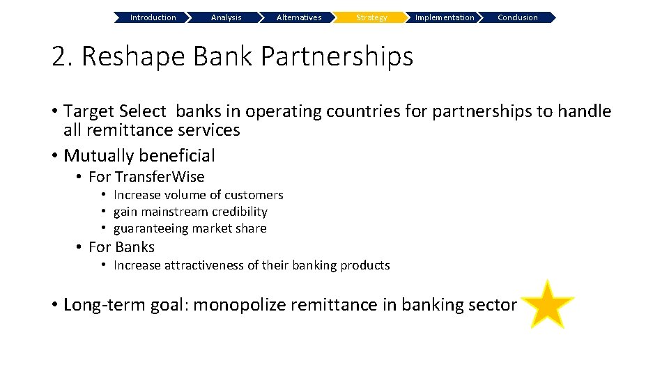 Introduction Analysis Alternatives Strategy Implementation Conclusion 2. Reshape Bank Partnerships • Target Select banks