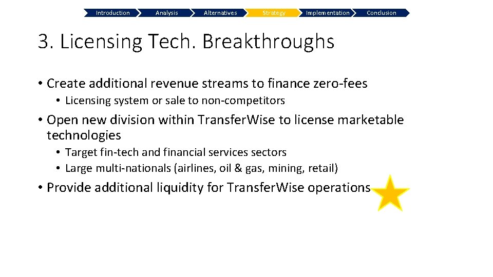 Introduction Analysis Alternatives Strategy Implementation Conclusion 3. Licensing Tech. Breakthroughs • Create additional revenue