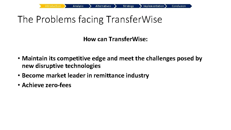 Introduction Analysis Alternatives Strategy Implementation Conclusion The Problems facing Transfer. Wise How can Transfer.