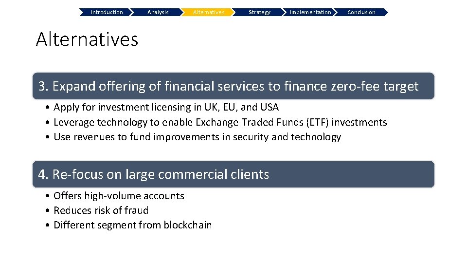 Introduction Analysis Alternatives Strategy Implementation Conclusion Alternatives 3. Expand offering of financial services to