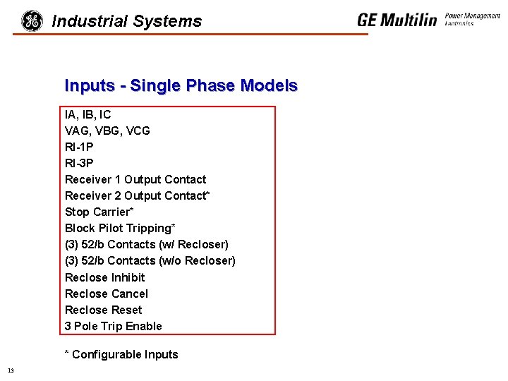 Industrial Systems Inputs - Single Phase Models IA, IB, IC VAG, VBG, VCG RI-1