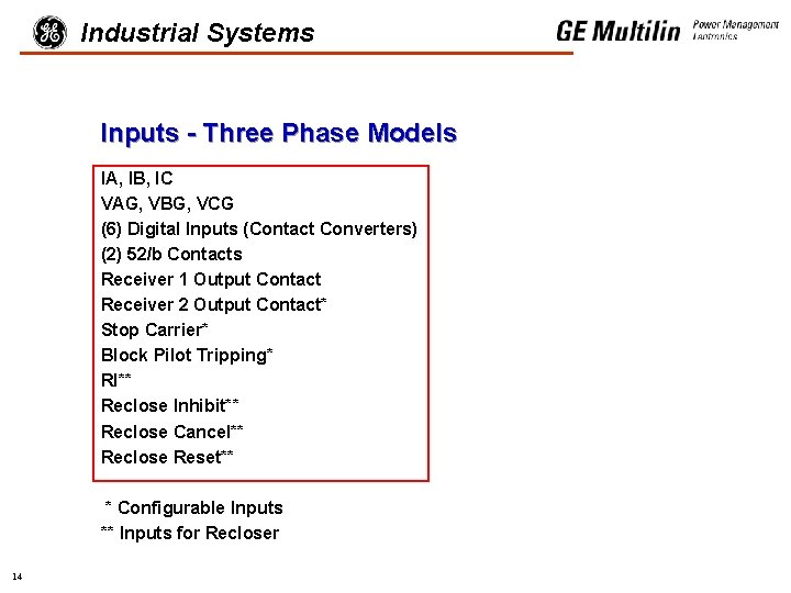 Industrial Systems Inputs - Three Phase Models IA, IB, IC VAG, VBG, VCG (6)