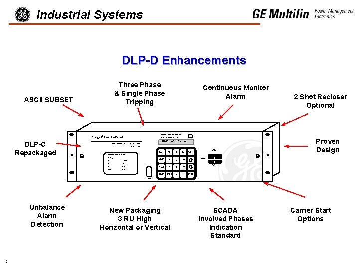 Industrial Systems DLP-D Enhancements ASCII SUBSET DLP-C Repackaged Three Phase & Single Phase Tripping