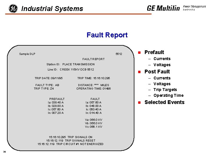 Industrial Systems Fault Report Sample DLP 5512 n – Currents – Voltages FAULT REPORT