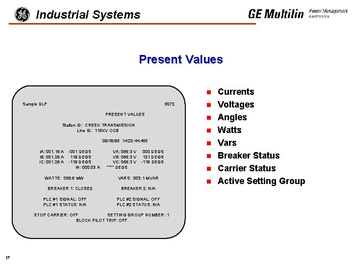 Industrial Systems Present Values n Sample DLP 5072 PRESENT VALUES Station ID: CREEK TRANSMISSION