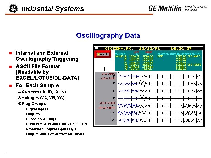 Industrial Systems Oscillography Data n n n Internal and External Oscillography Triggering ASCII File