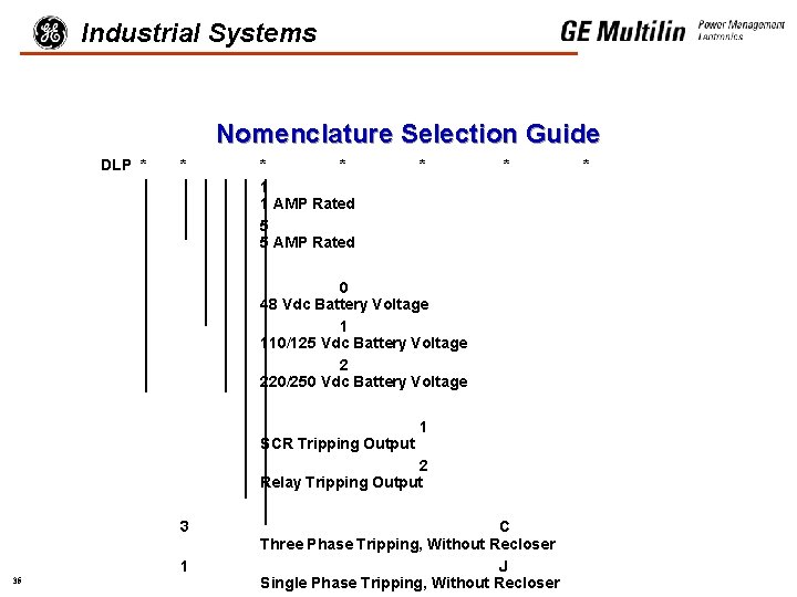 Industrial Systems Nomenclature Selection Guide DLP * * 1 1 AMP Rated 5 5