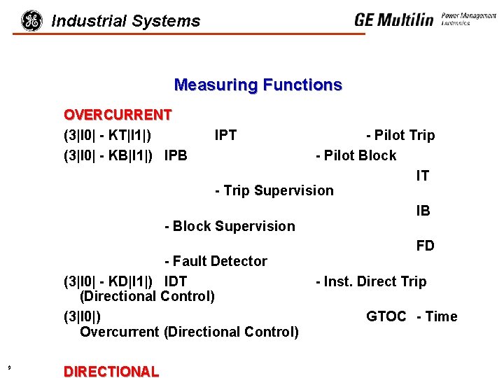 Industrial Systems Measuring Functions OVERCURRENT (3|I 0| - KT|I 1|) (3|I 0| - KB|I