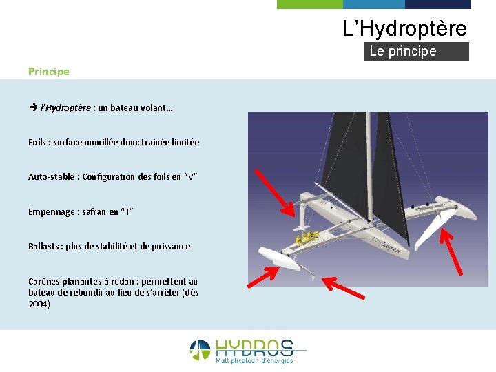 L’Hydroptère Le principe Principe l’Hydroptère : un bateau volant… Foils : surface mouillée donc