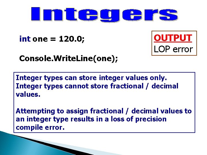 int one = 120. 0; Console. Write. Line(one); OUTPUT LOP error Integer types can int one = 120. 0; Console. Write. Line(one); OUTPUT LOP error Integer types can