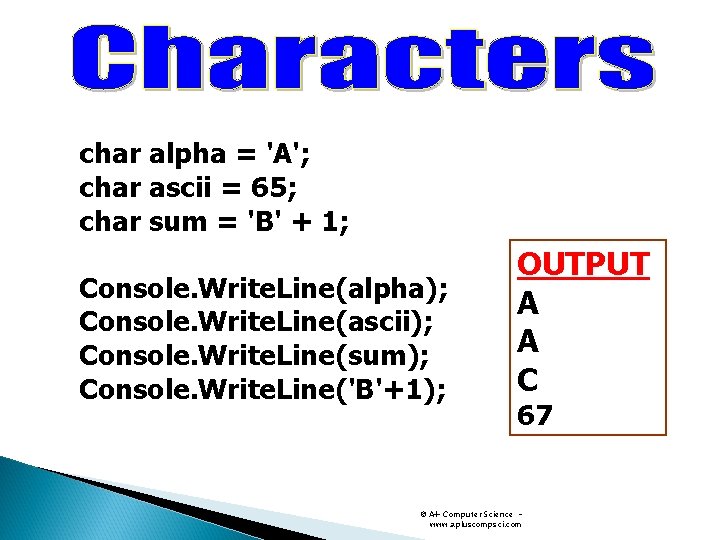 char alpha = 'A'; char ascii = 65; char sum = 'B' + 1; char alpha = 'A'; char ascii = 65; char sum = 'B' + 1;