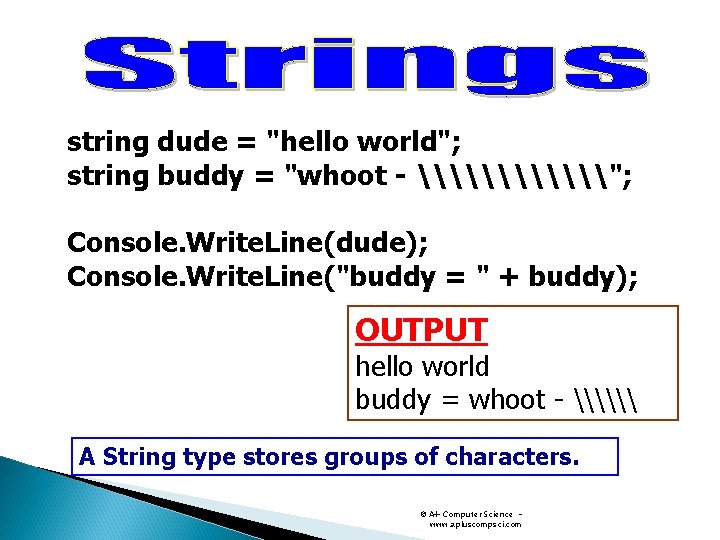 string dude = "hello world"; string buddy = "whoot - \\\"; Console. Write. Line(dude); string dude = "hello world"; string buddy = "whoot - \\\"; Console. Write. Line(dude);