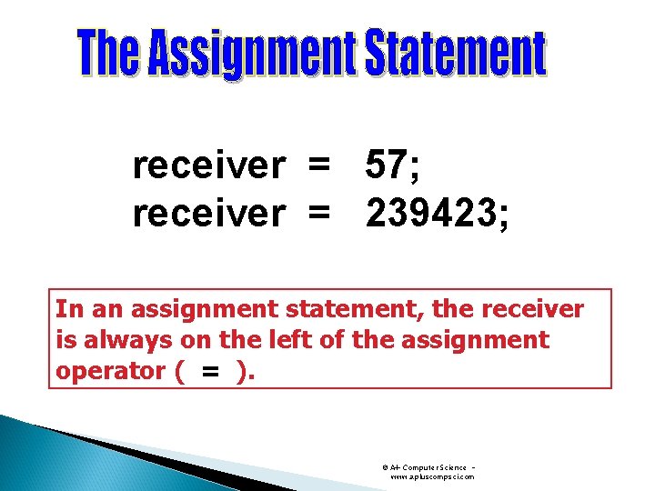 receiver = 57; receiver = 239423; In an assignment statement, the receiver is always receiver = 57; receiver = 239423; In an assignment statement, the receiver is always