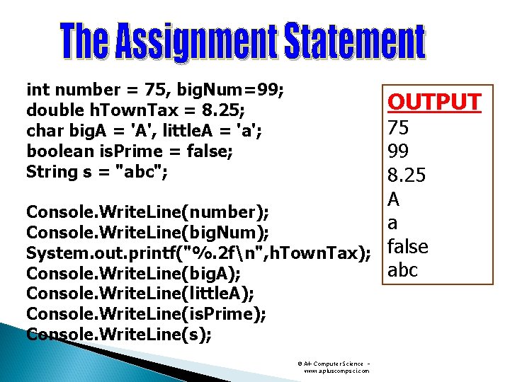 int number = 75, big. Num=99; double h. Town. Tax = 8. 25; char int number = 75, big. Num=99; double h. Town. Tax = 8. 25; char