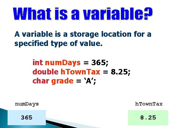 A variable is a storage location for a specified type of value. int num. A variable is a storage location for a specified type of value. int num.