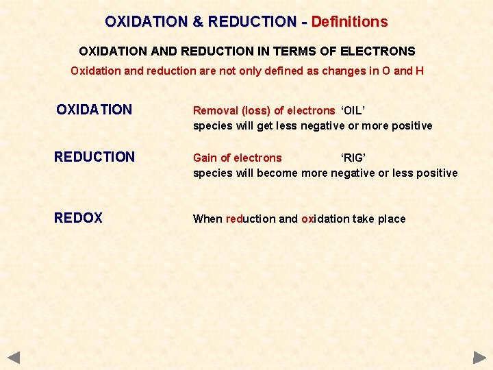 OXIDATION & REDUCTION - Definitions OXIDATION AND REDUCTION IN TERMS OF ELECTRONS Oxidation and