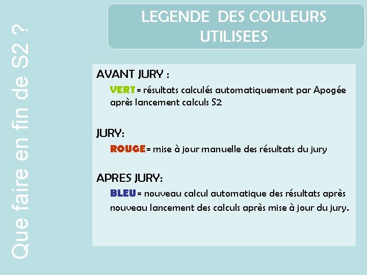 Que faire en fin de S 2 ? LEGENDE DES COULEURS UTILISEES AVANT JURY