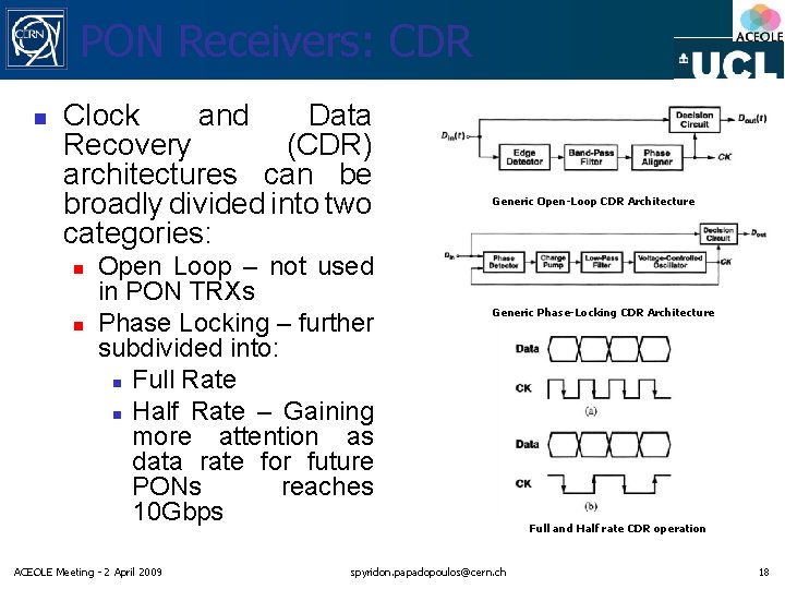 PON Receivers: CDR n Clock and Data Recovery (CDR) architectures can be broadly divided PON Receivers: CDR n Clock and Data Recovery (CDR) architectures can be broadly divided
