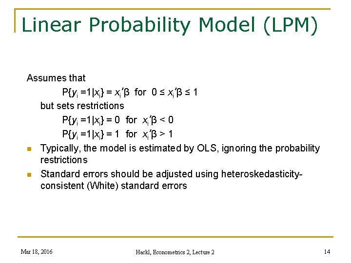 Econometrics 2 Lecture 2 Models With Limited Dependent
