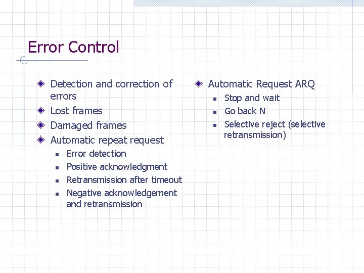 Error Control Detection and correction of errors Lost frames Damaged frames Automatic repeat request