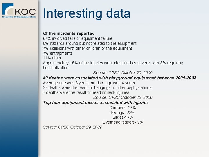 Interesting data Of the incidents reported 67% involved falls or equipment failure 8% hazards