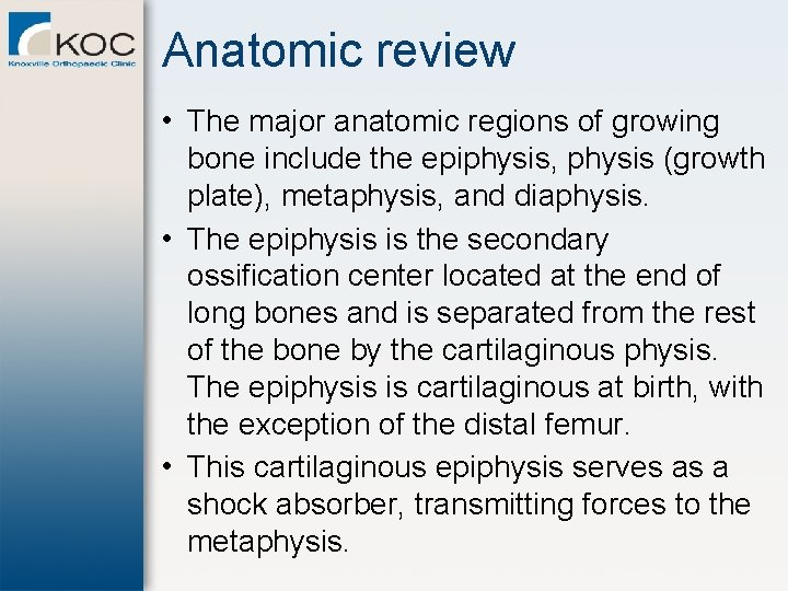 Anatomic review • The major anatomic regions of growing bone include the epiphysis, physis